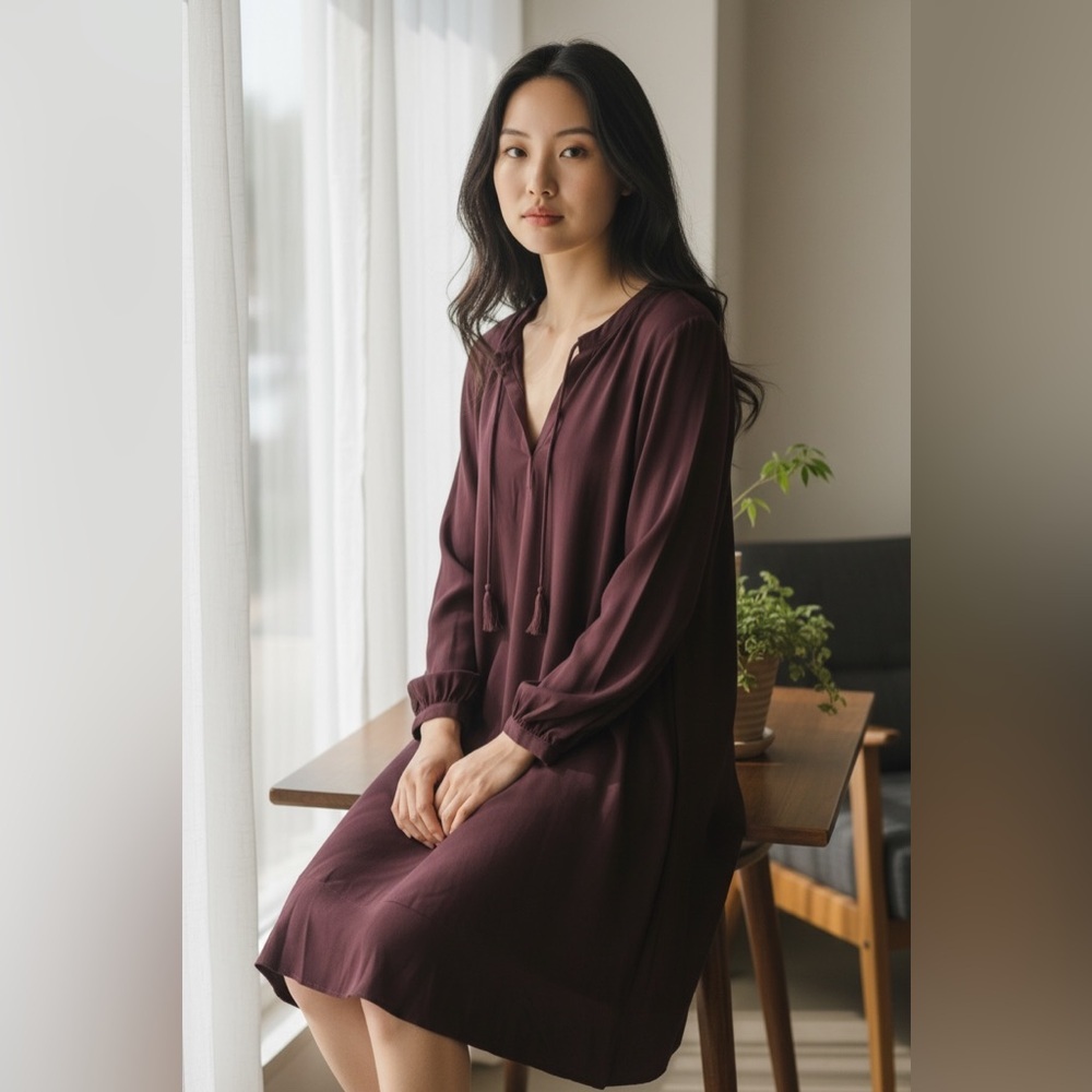 Wrap London Plum V-Neck Dress with Tasseled Tie
